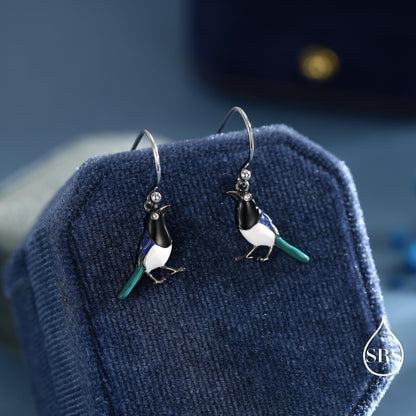 Sterling Silver Magpie Drop Hook Earrings, Enamel Coated Magpie Bird Earrings, Nature-Inspired Animal Earrings, Magpie Earrings