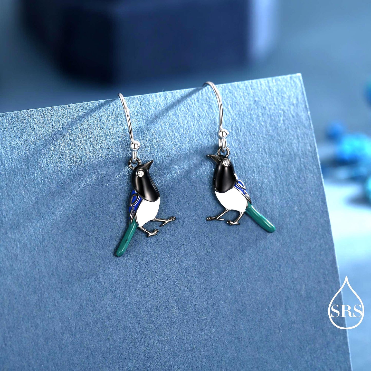 Sterling Silver Magpie Drop Hook Earrings, Enamel Coated Magpie Bird Earrings, Nature-Inspired Animal Earrings, Magpie Earrings
