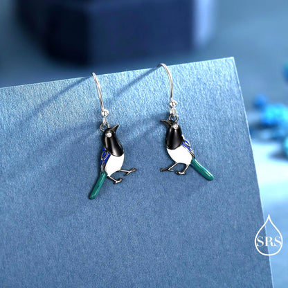 Sterling Silver Magpie Drop Hook Earrings, Enamel Coated Magpie Bird Earrings, Nature-Inspired Animal Earrings, Magpie Earrings