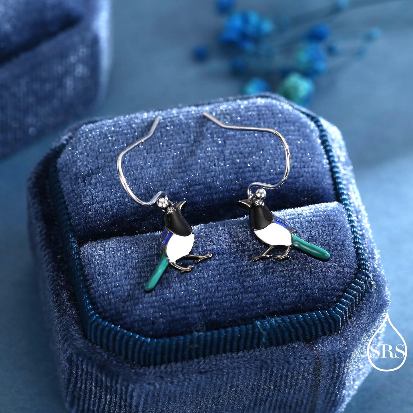 Sterling Silver Magpie Drop Hook Earrings, Enamel Coated Magpie Bird Earrings, Nature-Inspired Animal Earrings, Magpie Earrings