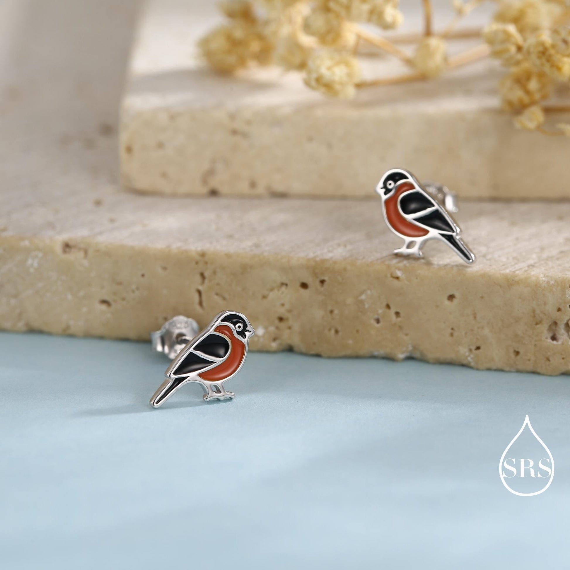 Bullfinch Sterling Silver Stud Earrings, Enamel Coated Bullfinch Bird Earrings, Nature Inspired Animal Earrings, Finch Stud
