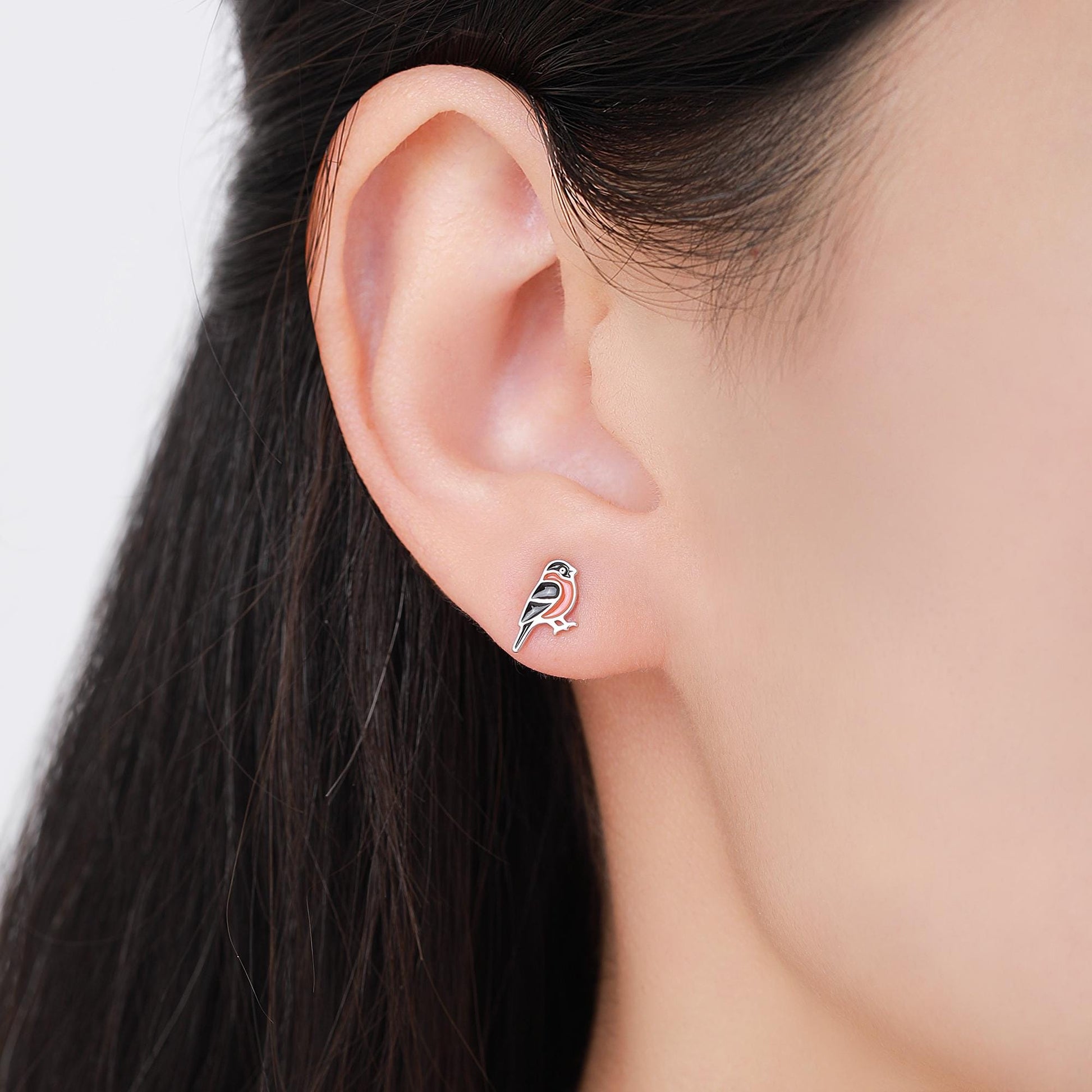 Bullfinch Sterling Silver Stud Earrings, Enamel Coated Bullfinch Bird Earrings, Nature Inspired Animal Earrings, Finch Stud