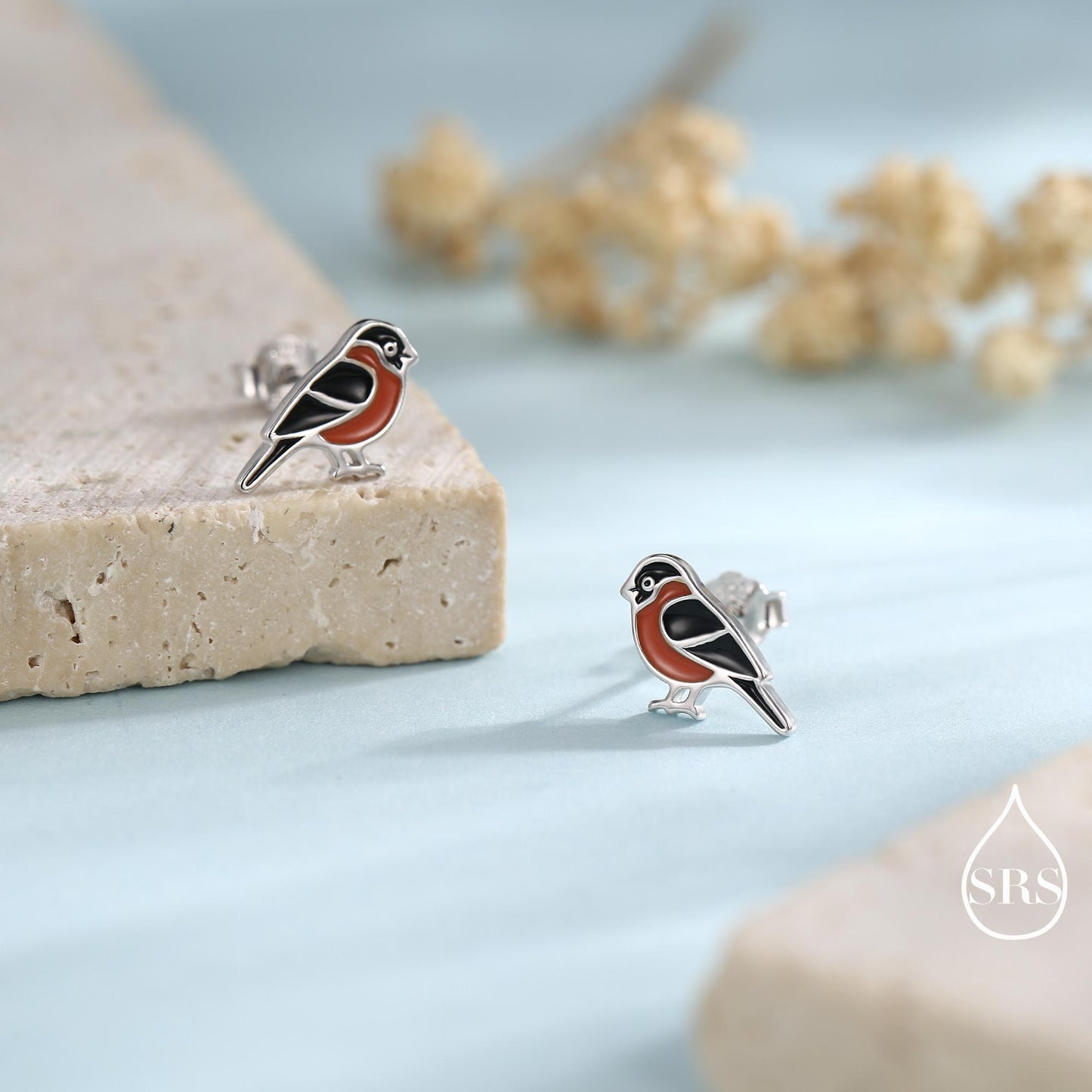 Bullfinch Sterling Silver Stud Earrings, Enamel Coated Bullfinch Bird Earrings, Nature Inspired Animal Earrings, Finch Stud