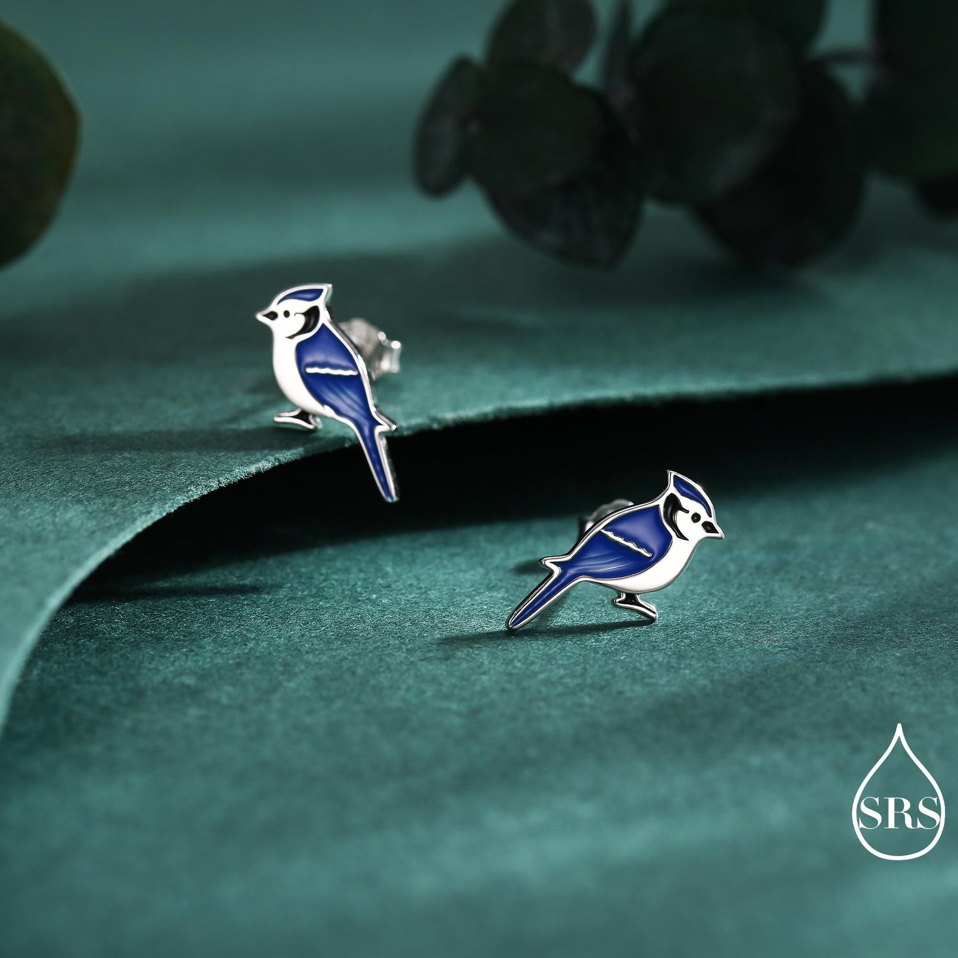 Blue Jay Sterling Silver Stud Earrings, Enamel Coated Blue Jay Bird Earrings, Nature Inspired Animal Earrings