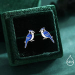 Blue Jay Sterling Silver Stud Earrings, Enamel Coated Blue Jay Bird Earrings, Nature Inspired Animal Earrings