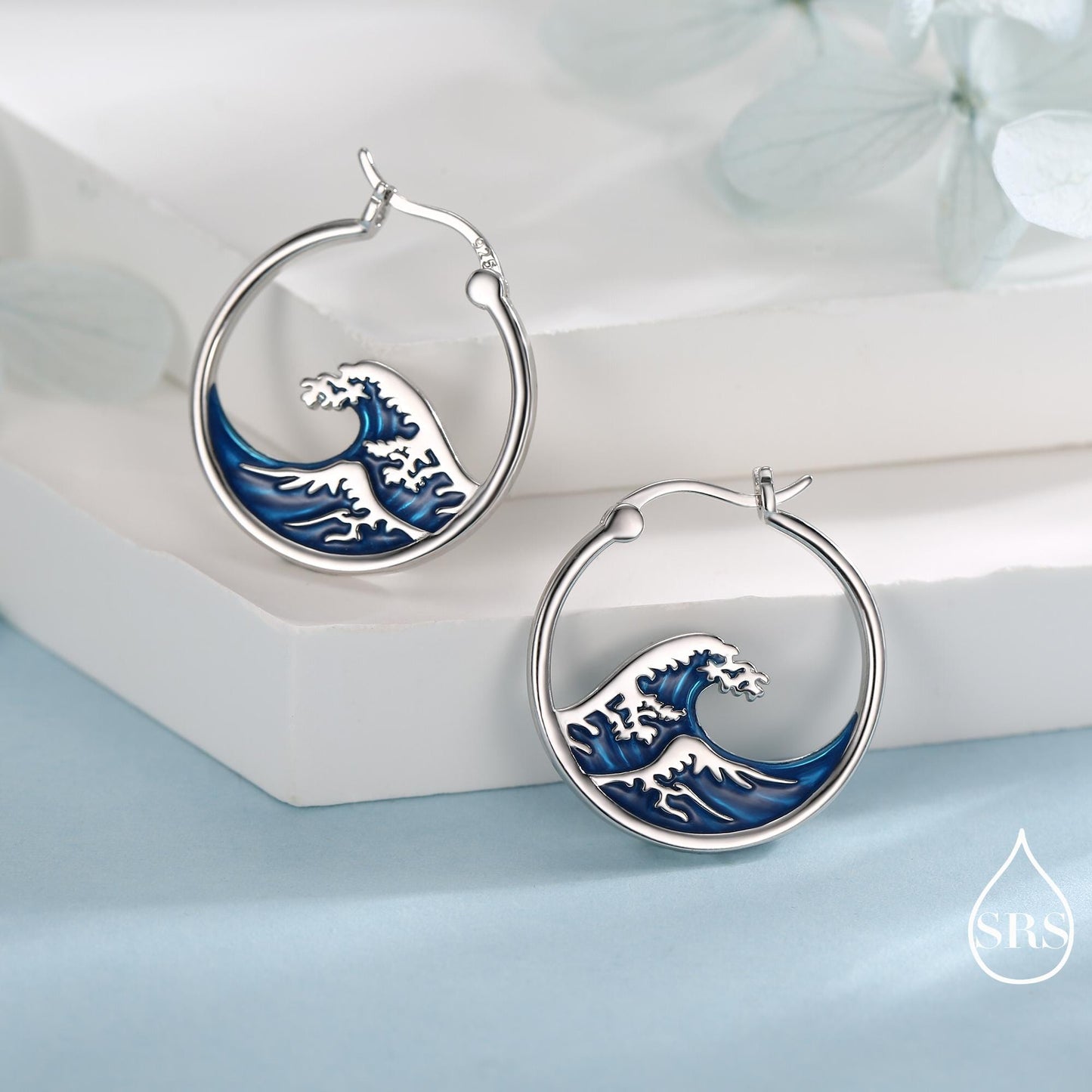 The Great Wave Sterling Silver Hoop Earrings, Large Statement Hoops with Hand Applied Enamel, Wave Earrings, Ocean Earrings
