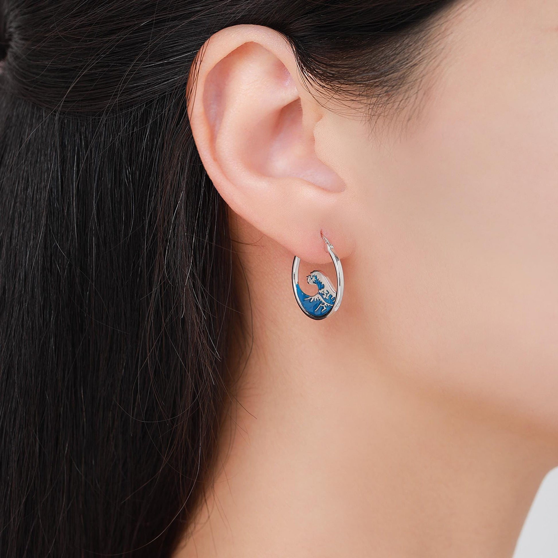 The Great Wave Sterling Silver Hoop Earrings, Large Statement Hoops with Hand Applied Enamel, Wave Earrings, Ocean Earrings