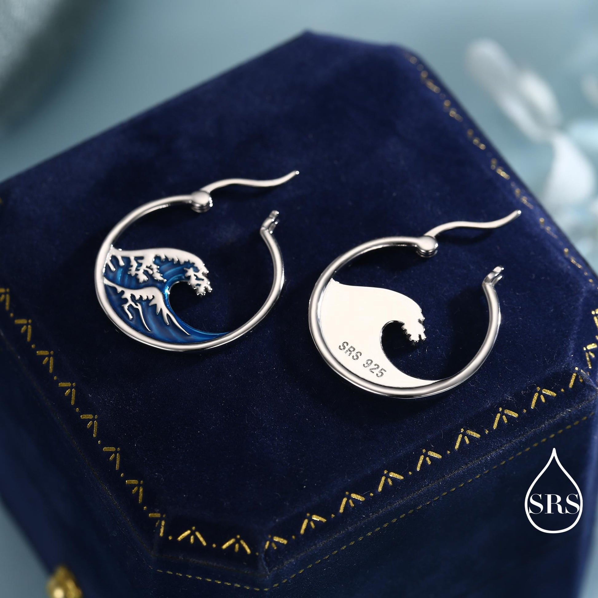 The Great Wave Sterling Silver Hoop Earrings, Large Statement Hoops with Hand Applied Enamel, Wave Earrings, Ocean Earrings