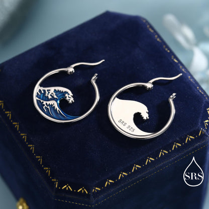 The Great Wave Sterling Silver Hoop Earrings, Large Statement Hoops with Hand Applied Enamel, Wave Earrings, Ocean Earrings