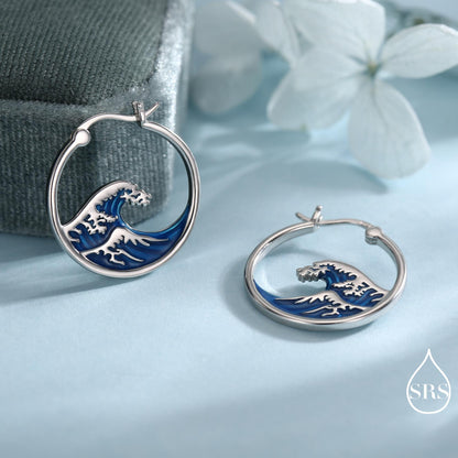 The Great Wave Sterling Silver Hoop Earrings, Large Statement Hoops with Hand Applied Enamel, Wave Earrings, Ocean Earrings