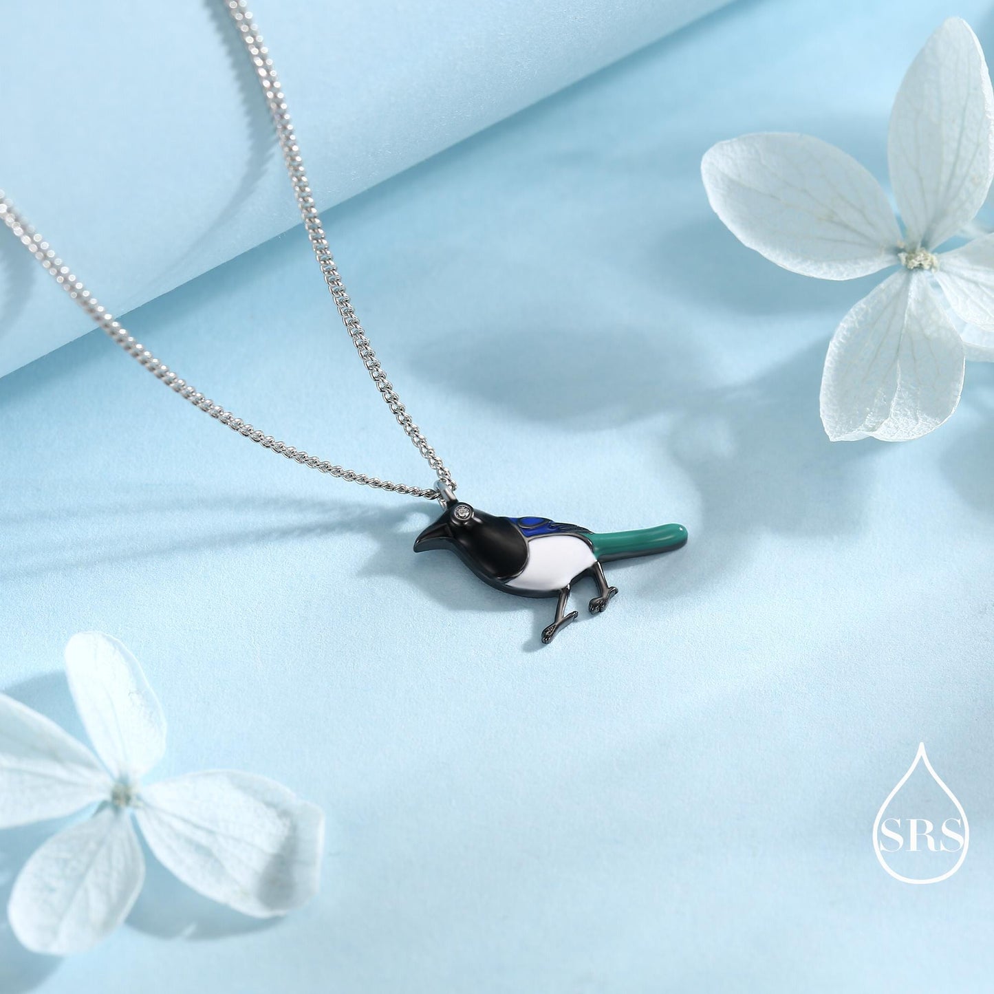 Magpie Pendant Necklace in Sterling Silver, Black Rhodium Coated Pendant, Cute Magpie Necklace, Bird Necklace, Nature Inspired