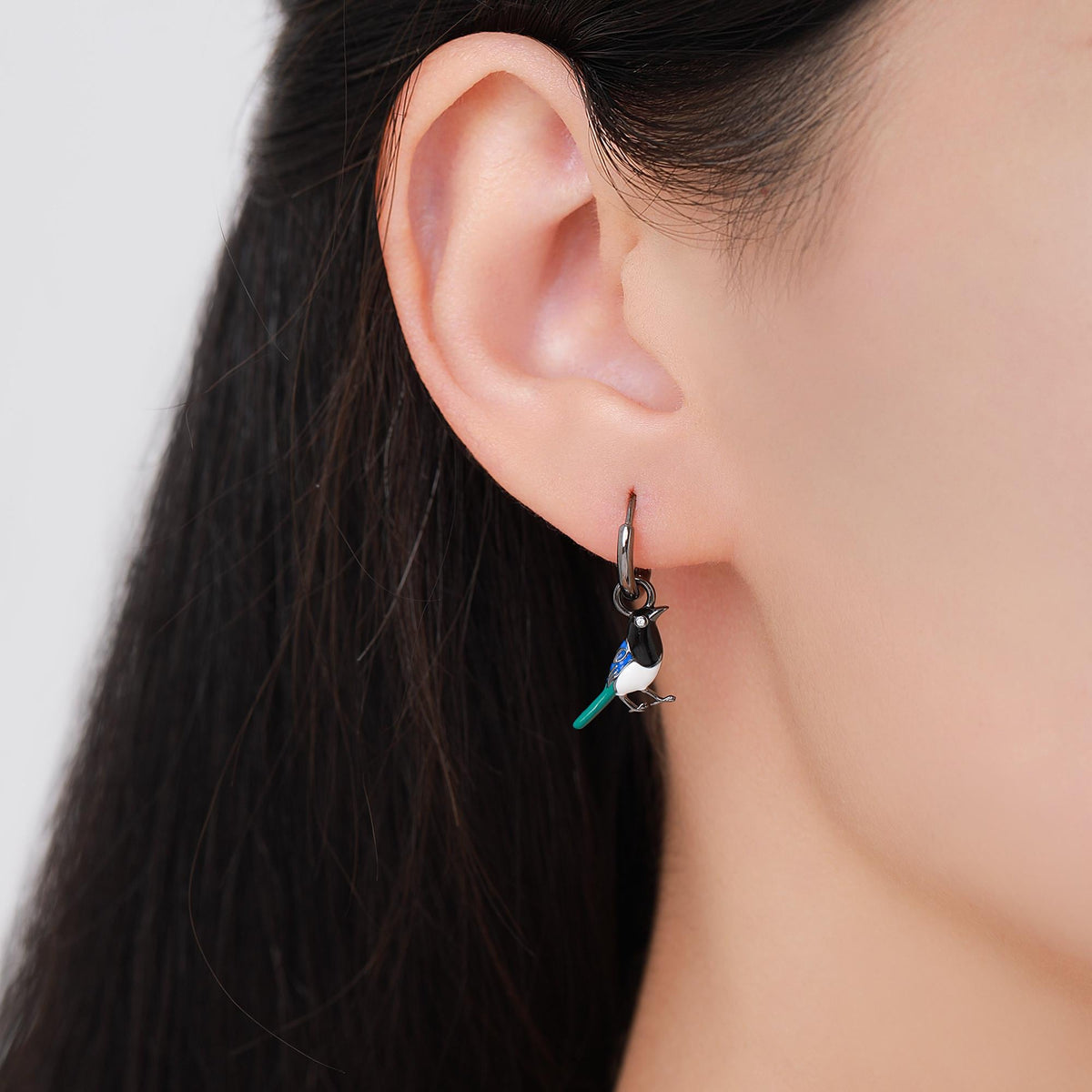 Magpie Enamel Huggie Hoop Earrings in Sterling Silver, Magpie Bird Earrings, Nature-Inspired Animal Earrings