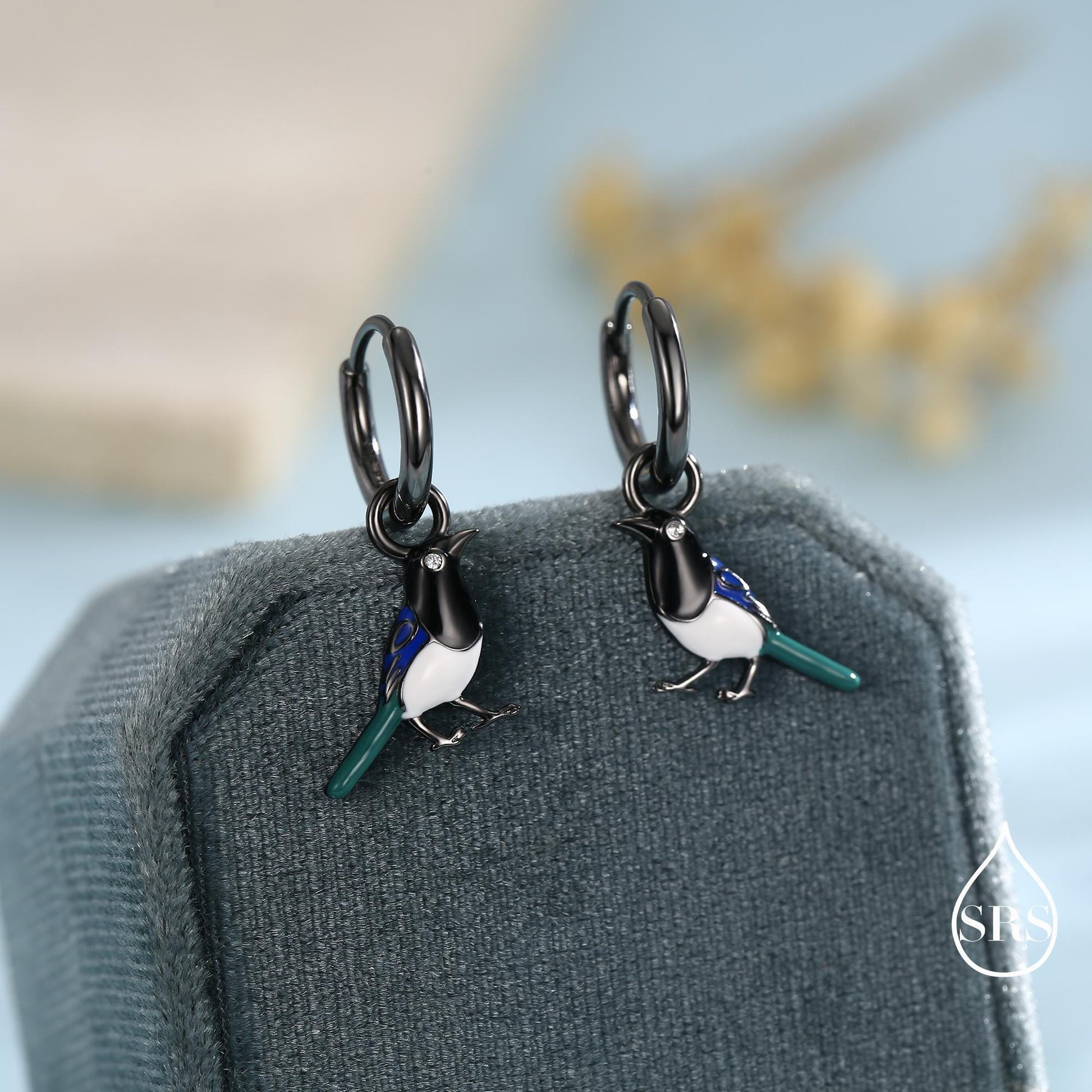 Magpie Enamel Huggie Hoop Earrings in Sterling Silver, Magpie Bird Earrings, Nature-Inspired Animal Earrings