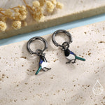 Magpie Enamel Huggie Hoop Earrings in Sterling Silver, Magpie Bird Earrings, Nature-Inspired Animal Earrings