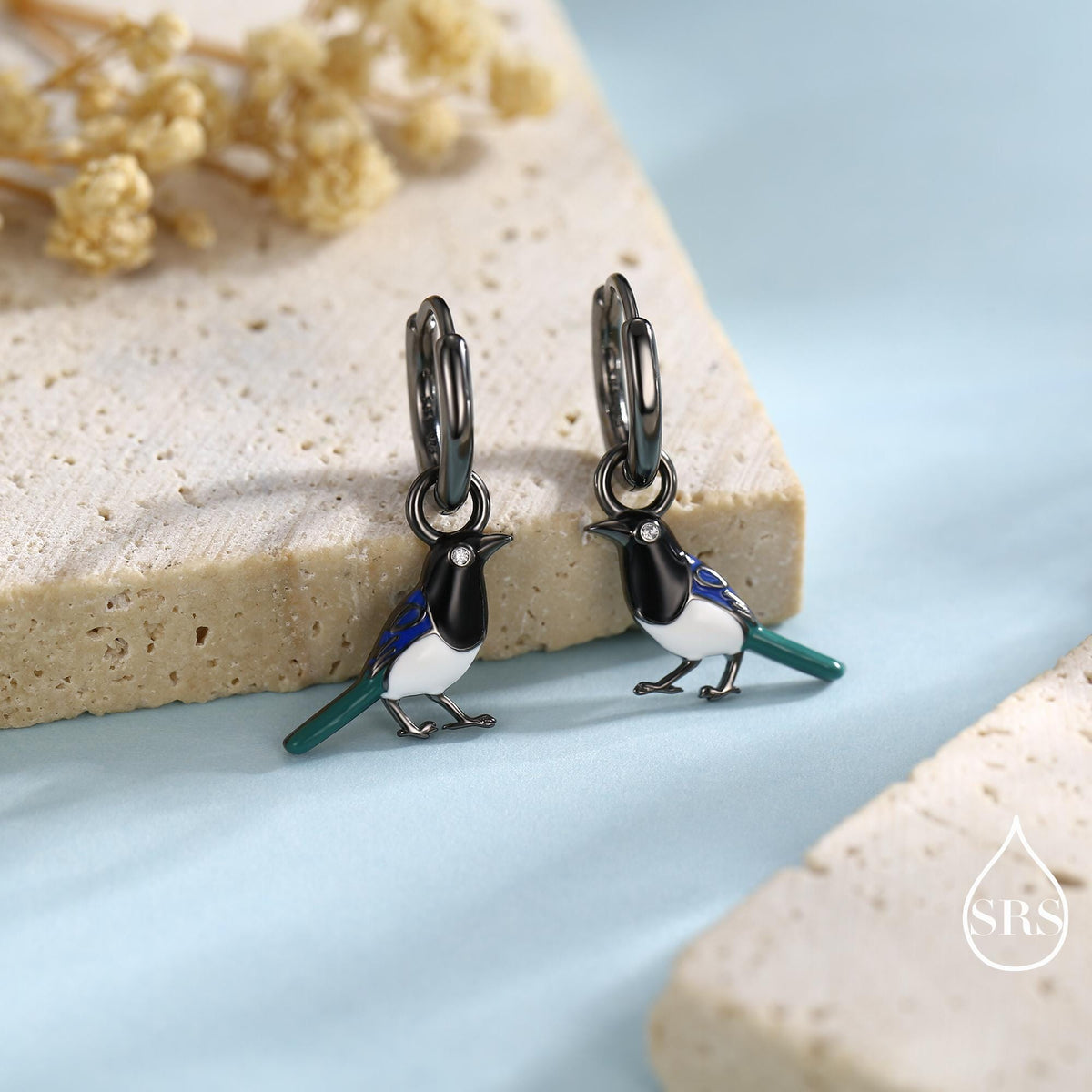 Magpie Enamel Huggie Hoop Earrings in Sterling Silver, Magpie Bird Earrings, Nature-Inspired Animal Earrings