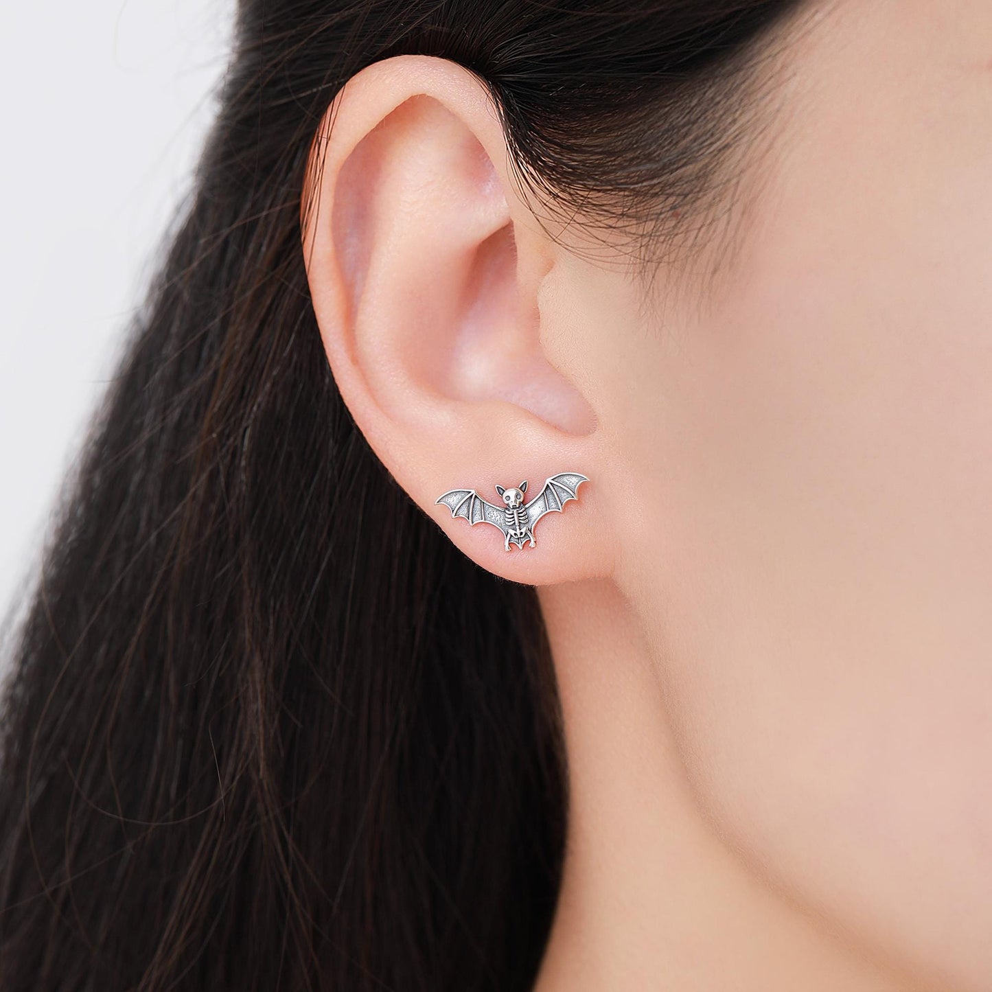 Bat Skeleton Stud Earrings in Sterling Silver, Oxidised Finish, Bat with Wings Earrings, Oxidised Silver Bat Earrings