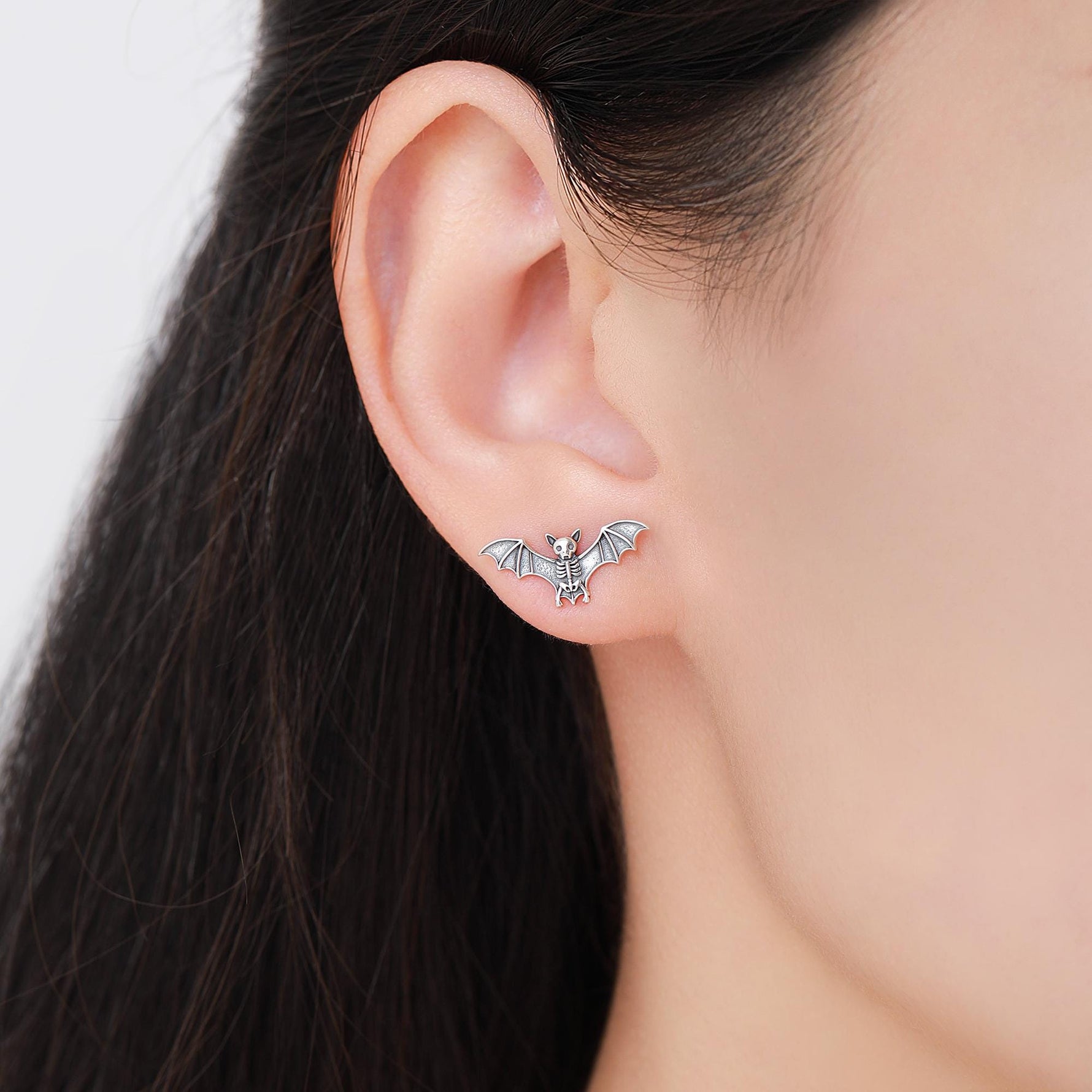 Bat Skeleton Stud Earrings in Sterling Silver, Oxidised Finish, Bat with Wings Earrings, Oxidised Silver Bat Earrings