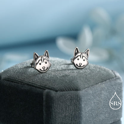 Husky Sterling Silver Stud Earrings, Oxidised Finish Husky Dog Earrings, Pet Lover Gift, Dog Stud Earrings