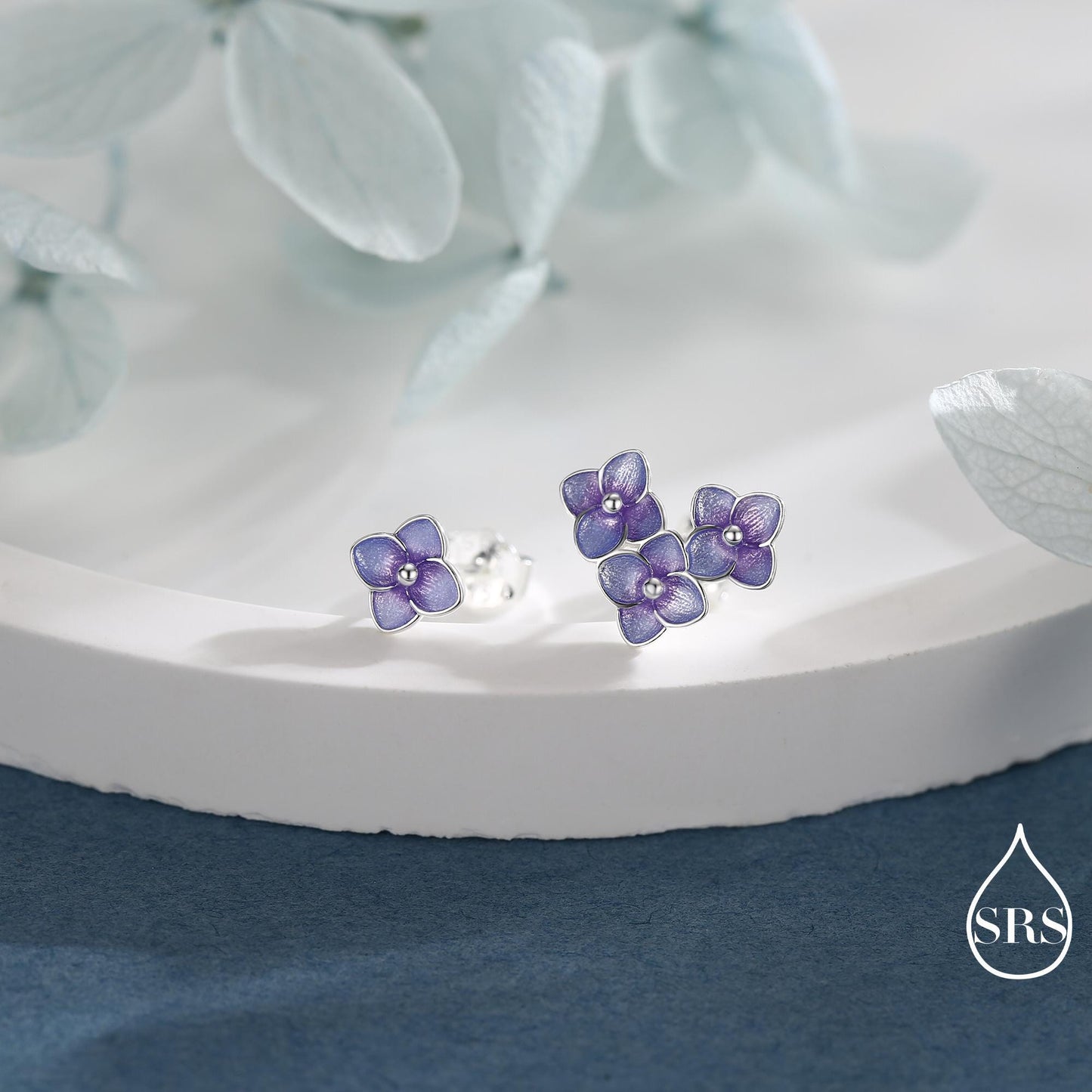 Asymmetric Hand Painted Enamel Hydrangea Flower Bouquet Stud Earrings in Sterling Silver, Enamel Hydrangea Flower Earrings