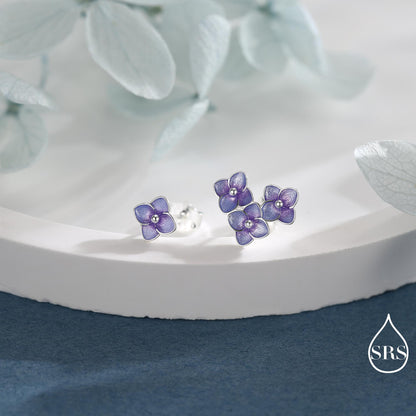 Asymmetric Hand Painted Enamel Hydrangea Flower Bouquet Stud Earrings in Sterling Silver, Enamel Hydrangea Flower Earrings