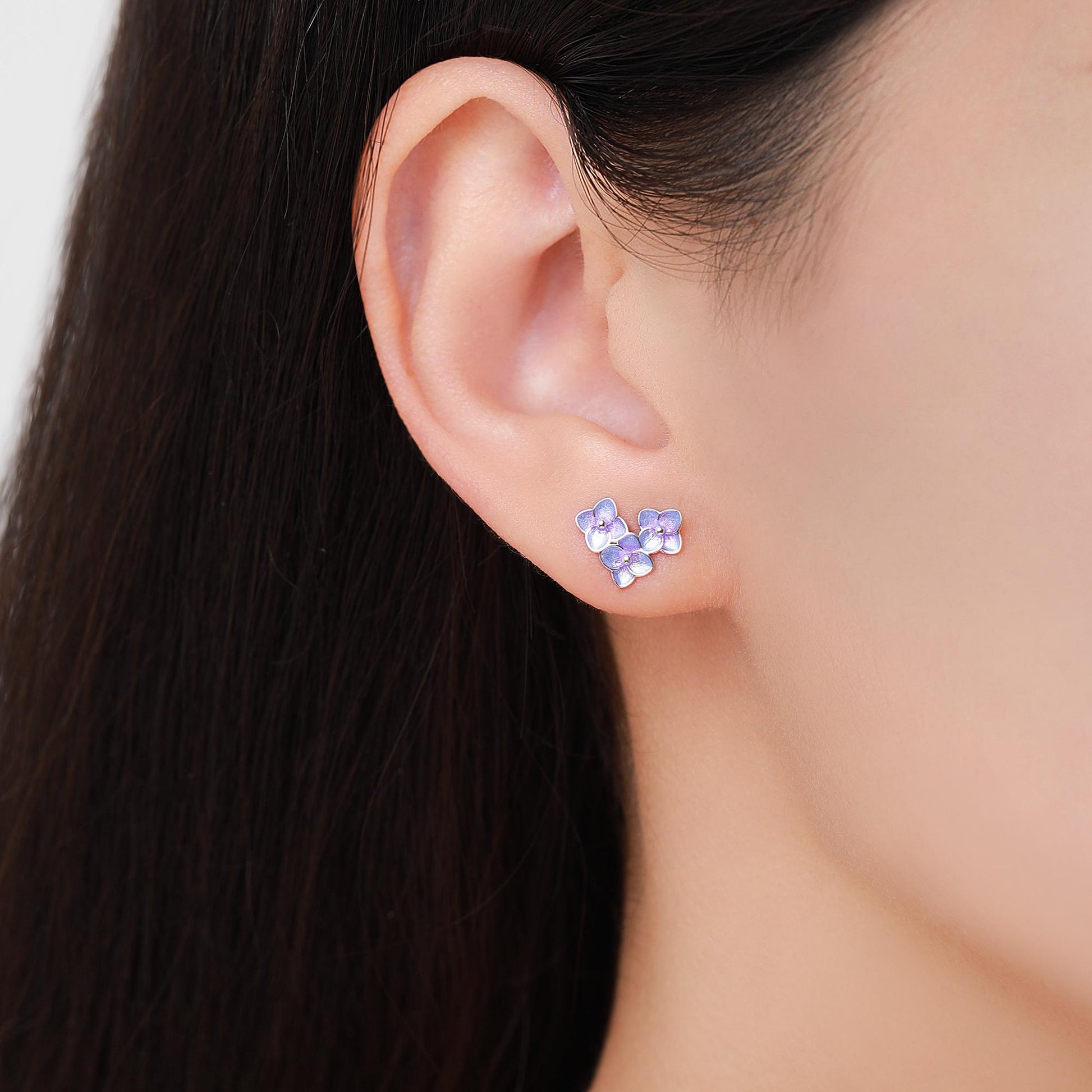 Asymmetric Hand Painted Enamel Hydrangea Flower Bouquet Stud Earrings in Sterling Silver, Enamel Hydrangea Flower Earrings