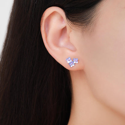 Asymmetric Hand Painted Enamel Hydrangea Flower Bouquet Stud Earrings in Sterling Silver, Enamel Hydrangea Flower Earrings