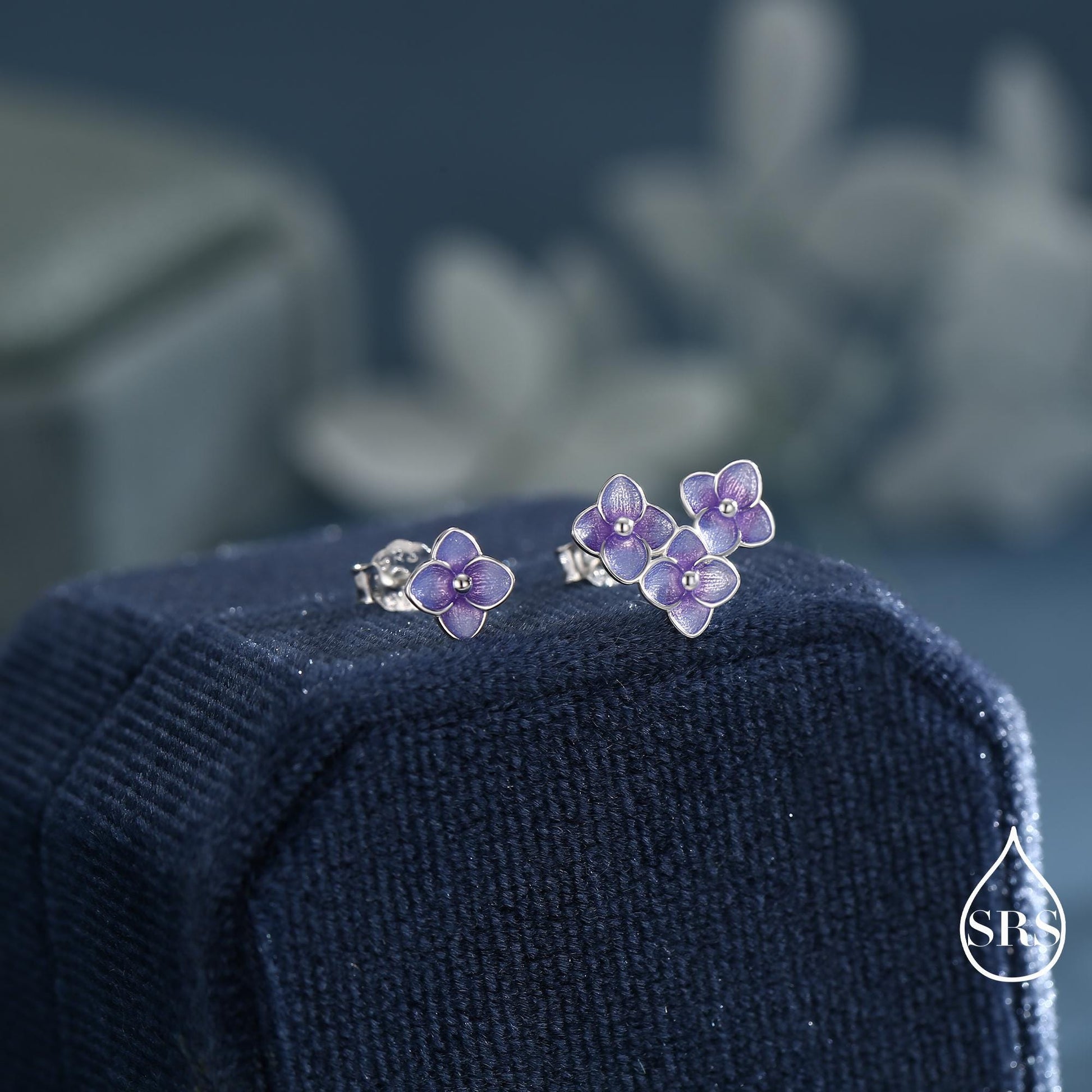 Asymmetric Hand Painted Enamel Hydrangea Flower Bouquet Stud Earrings in Sterling Silver, Enamel Hydrangea Flower Earrings