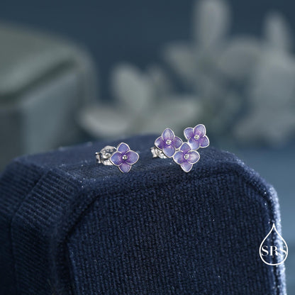 Asymmetric Hand Painted Enamel Hydrangea Flower Bouquet Stud Earrings in Sterling Silver, Enamel Hydrangea Flower Earrings
