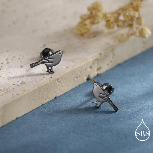 Little Black Bird Stud Earrings in Sterling Silver with Yellow Beak - Black Rhodium Coated Sterling Silver, Animal Stud Earrings