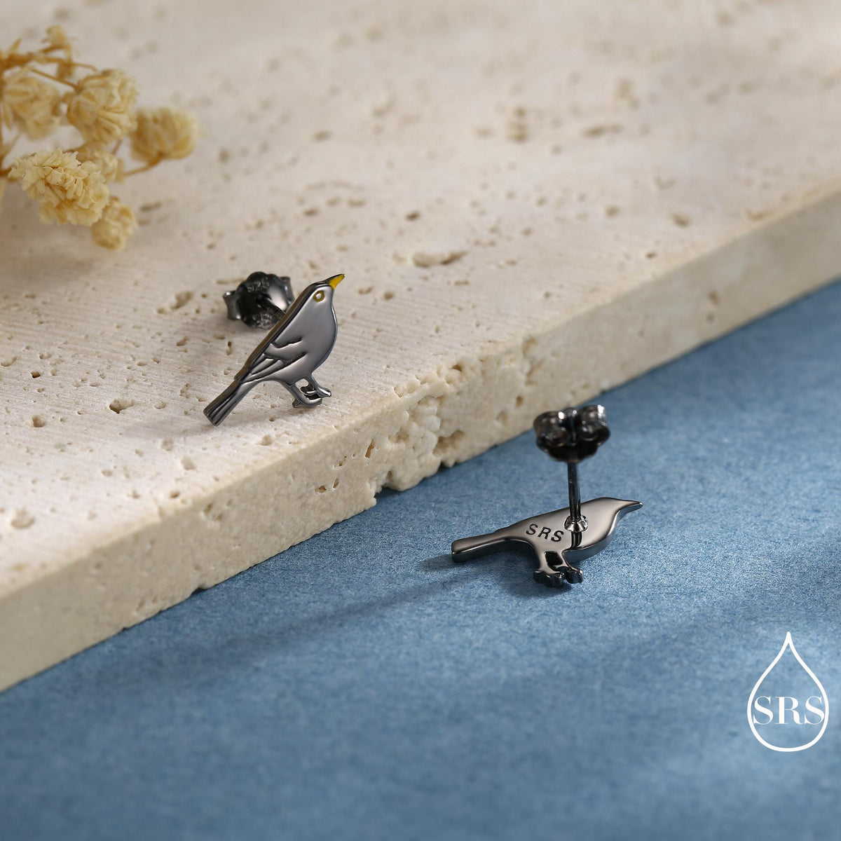 Little Black Bird Stud Earrings in Sterling Silver with Yellow Beak - Black Rhodium Coated Sterling Silver, Animal Stud Earrings