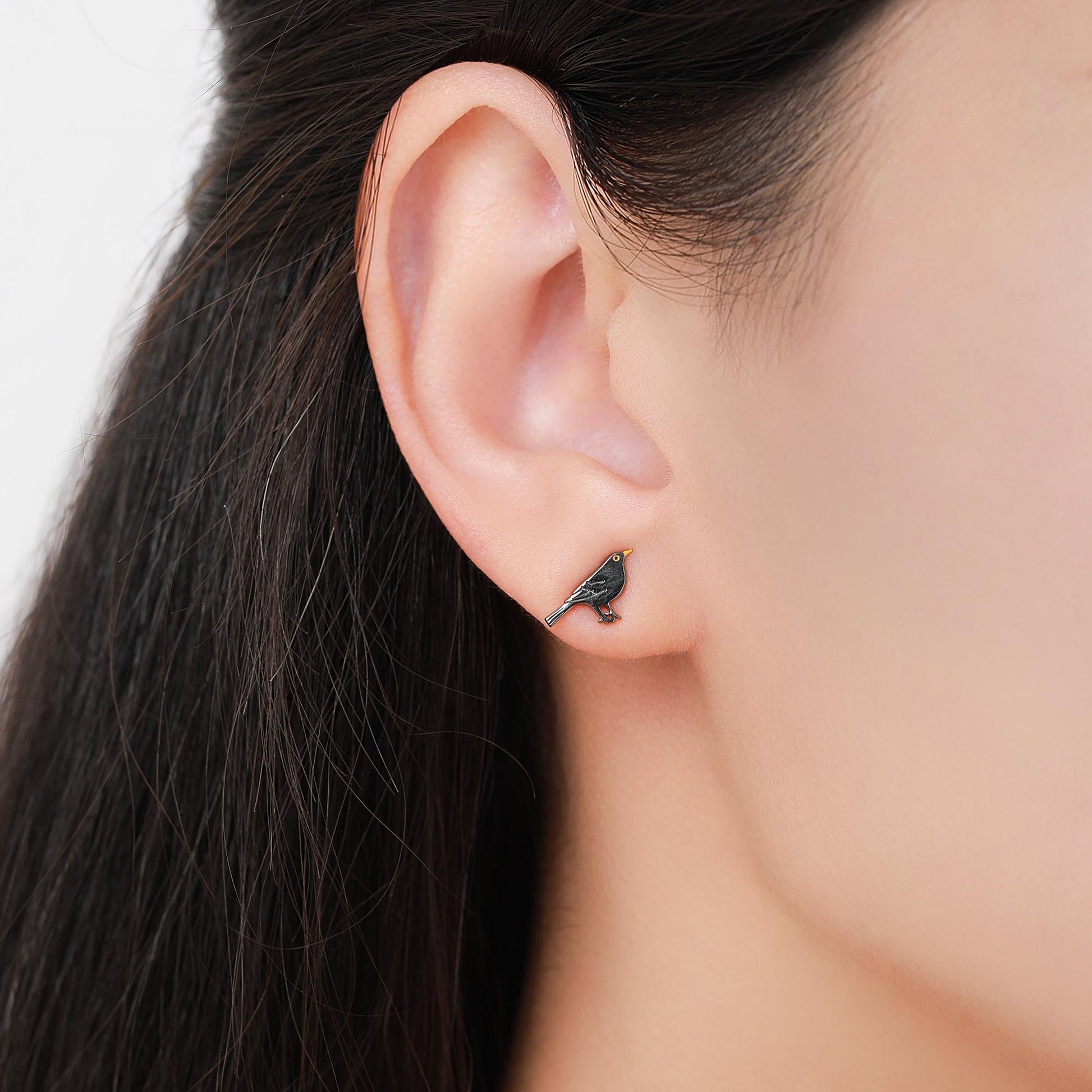 Little Black Bird Stud Earrings in Sterling Silver with Yellow Beak - Black Rhodium Coated Sterling Silver, Animal Stud Earrings
