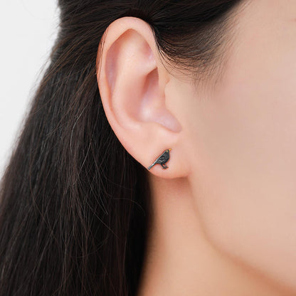 Little Black Bird Stud Earrings in Sterling Silver with Yellow Beak - Black Rhodium Coated Sterling Silver, Animal Stud Earrings