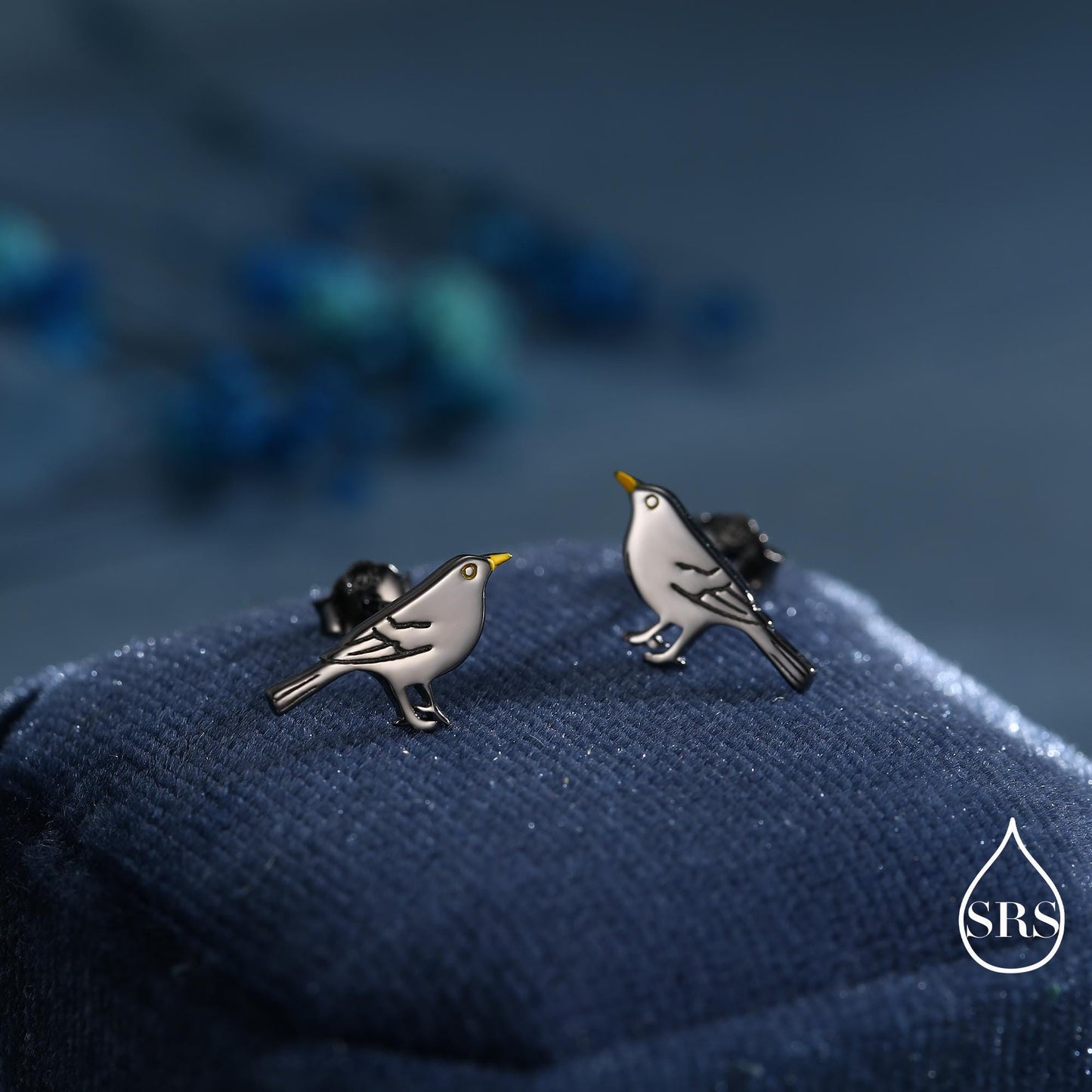 Little Black Bird Stud Earrings in Sterling Silver with Yellow Beak - Black Rhodium Coated Sterling Silver, Animal Stud Earrings