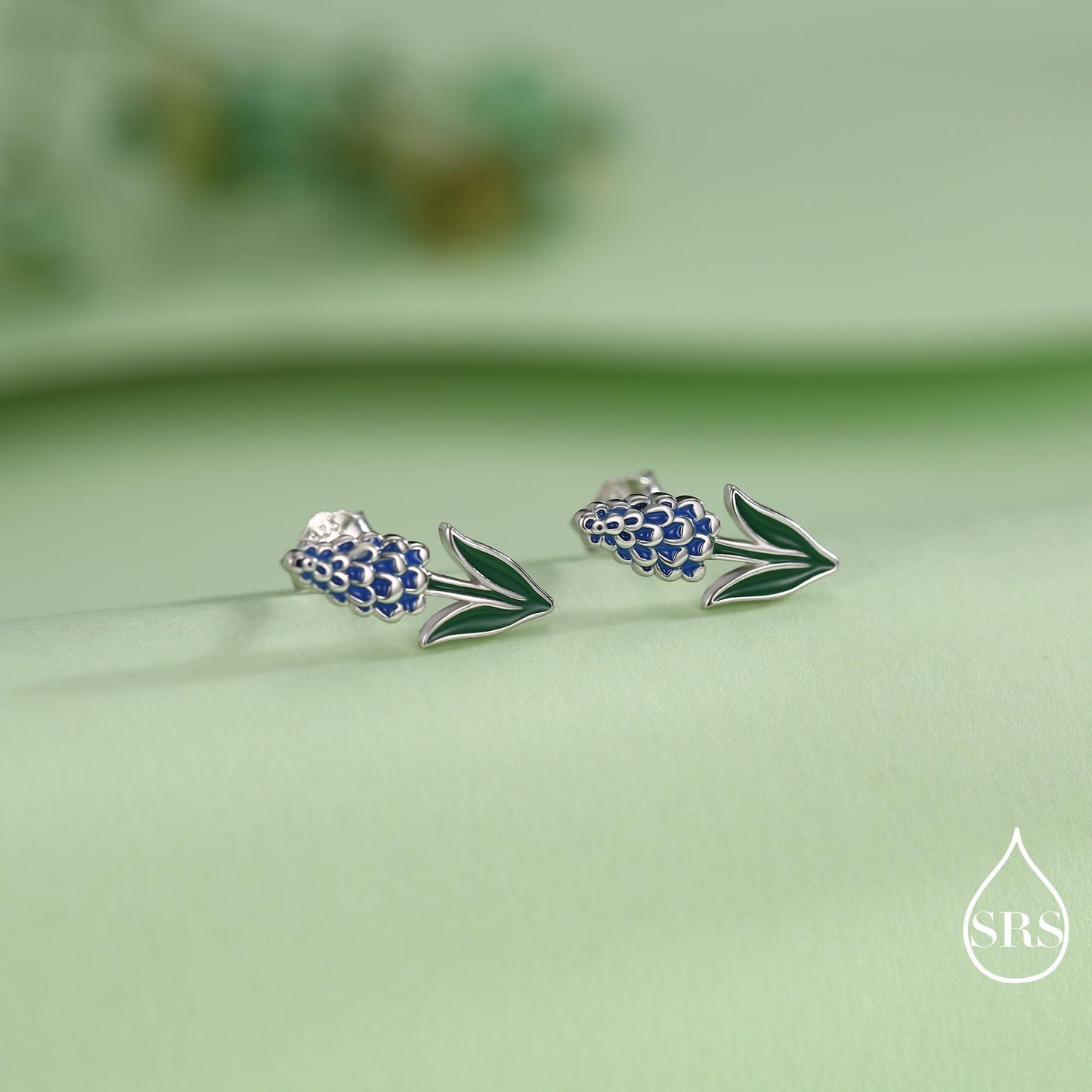 Grape Hyacinth Sterling Silver Stud Earrings, Spring Bloom Flower Earrings, Enamel Hyacinth Earrings