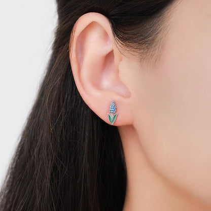 Grape Hyacinth Sterling Silver Stud Earrings, Spring Bloom Flower Earrings, Enamel Hyacinth Earrings