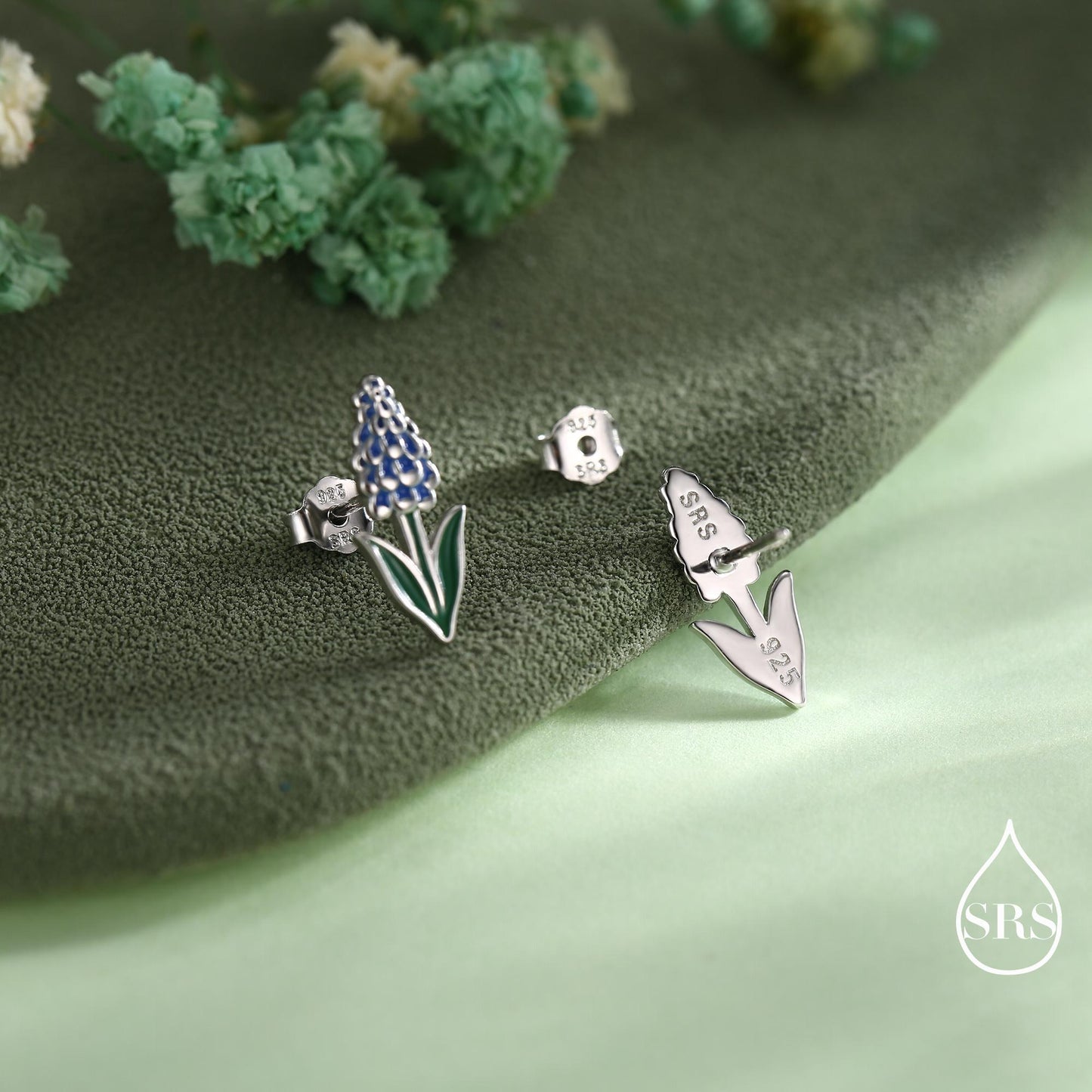 Grape Hyacinth Sterling Silver Stud Earrings, Spring Bloom Flower Earrings, Enamel Hyacinth Earrings