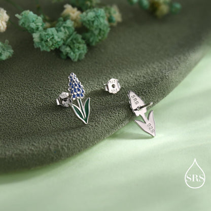 Grape Hyacinth Sterling Silver Stud Earrings, Spring Bloom Flower Earrings, Enamel Hyacinth Earrings