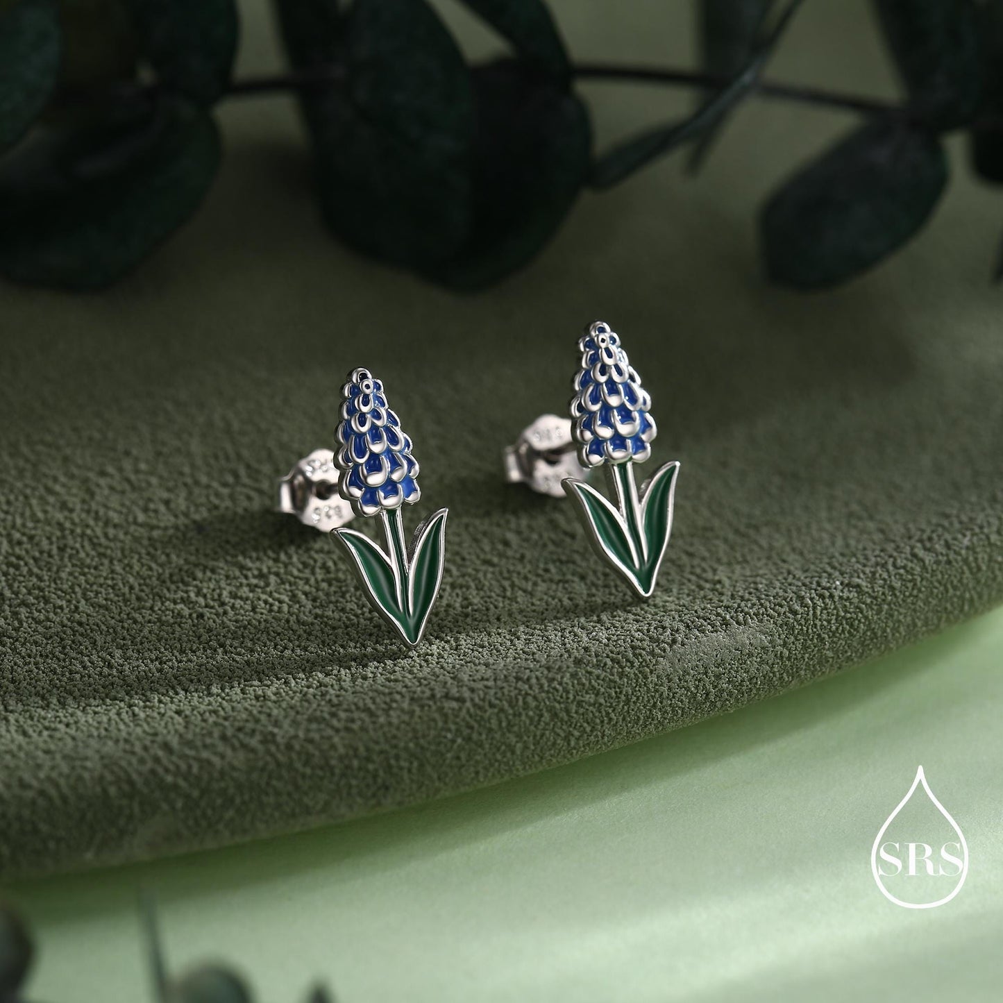 Grape Hyacinth Sterling Silver Stud Earrings, Spring Bloom Flower Earrings, Enamel Hyacinth Earrings
