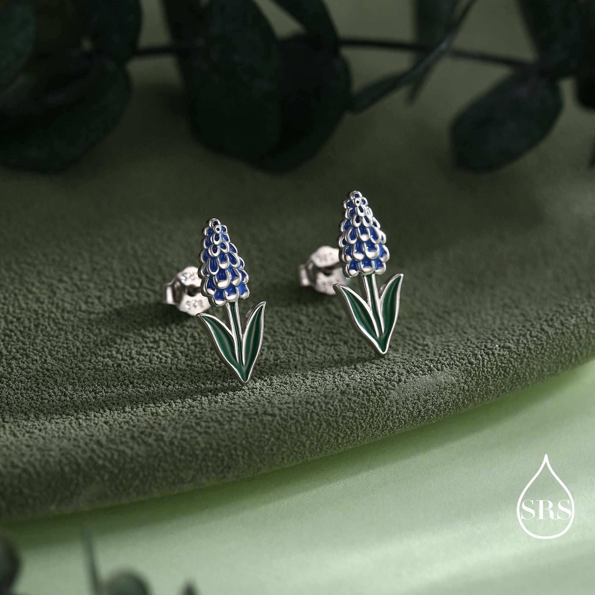 Grape Hyacinth Sterling Silver Stud Earrings, Spring Bloom Flower Earrings, Enamel Hyacinth Earrings