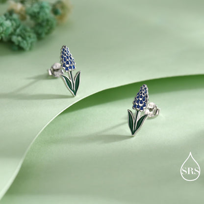 Grape Hyacinth Sterling Silver Stud Earrings, Spring Bloom Flower Earrings, Enamel Hyacinth Earrings