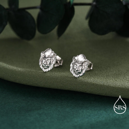 Lion Head Stud Earrings in Sterling Silver, Silver or Gold, Animal Earrings, Nature Inspired