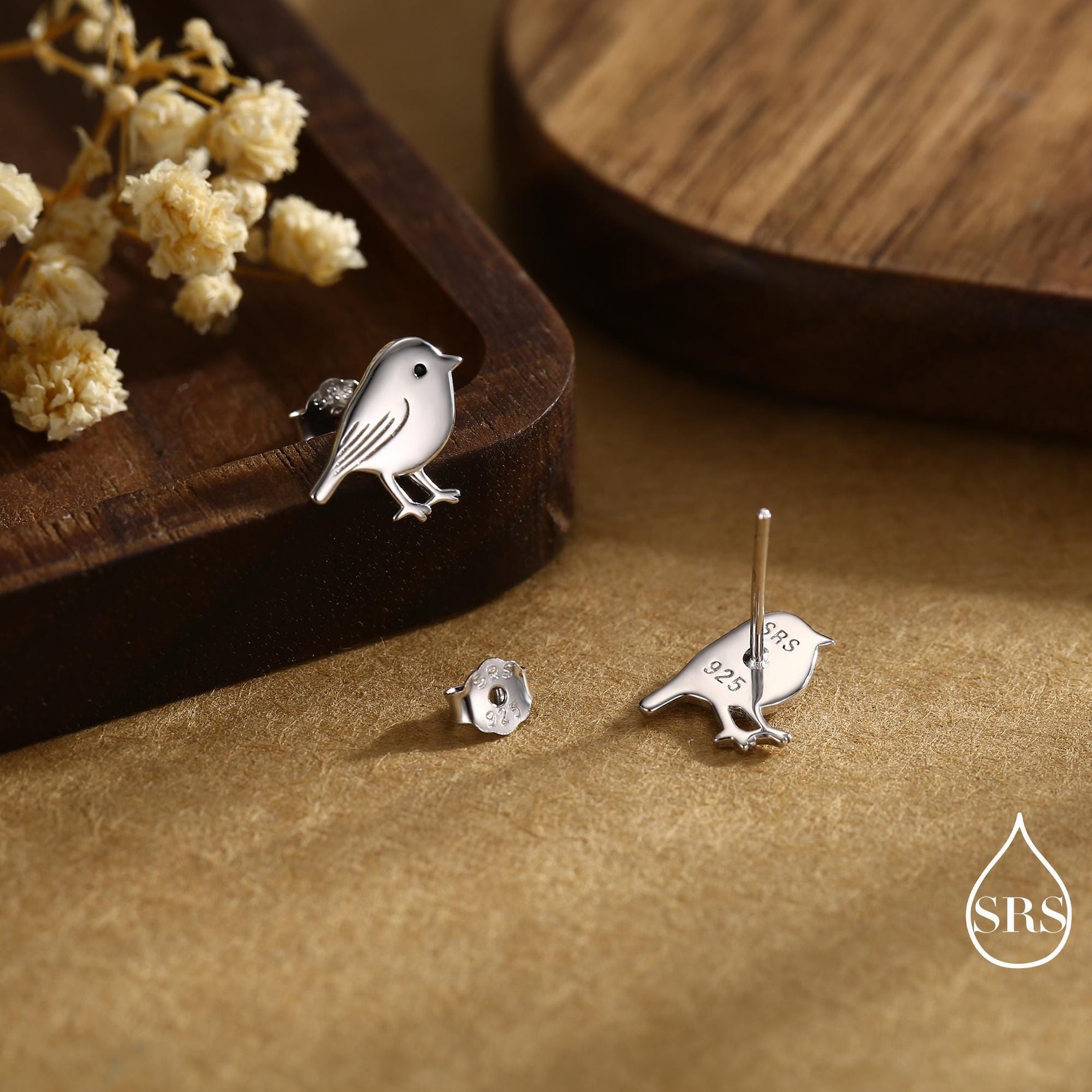 Chickadee Bird Stud Earrings in Sterling Silver, Silver or Gold or Rose Gold, Polished Cute Bird Earrings, Nature Inspired Animal Earrings