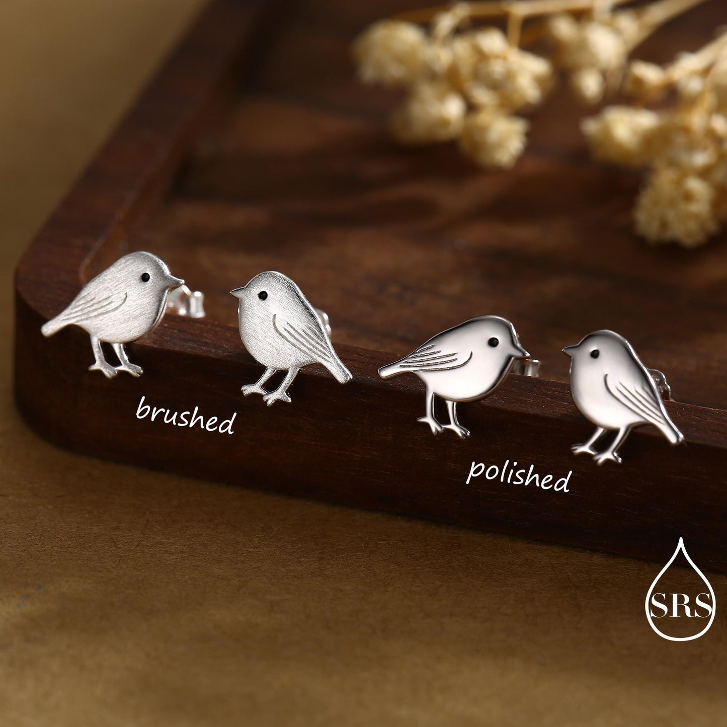 Chickadee Bird Stud Earrings in Sterling Silver, Brushed Textured Finish, Cute Bird Earrings, Nature Inspired Animal Earrings