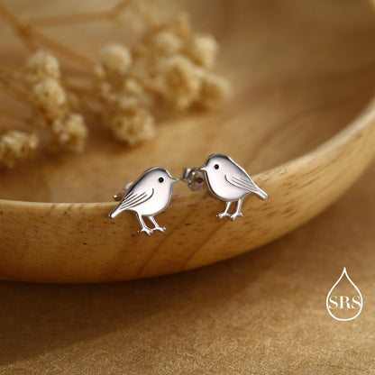 Chickadee Bird Stud Earrings in Sterling Silver, Brushed Textured Finish, Cute Bird Earrings, Nature Inspired Animal Earrings
