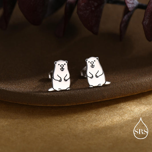 Groundhog Sterling Silver Stud Earrings, Silver or Gold or Rose Gold Finish, Small Beaver Dog Earrings, Nature Inspired Animal Earrings
