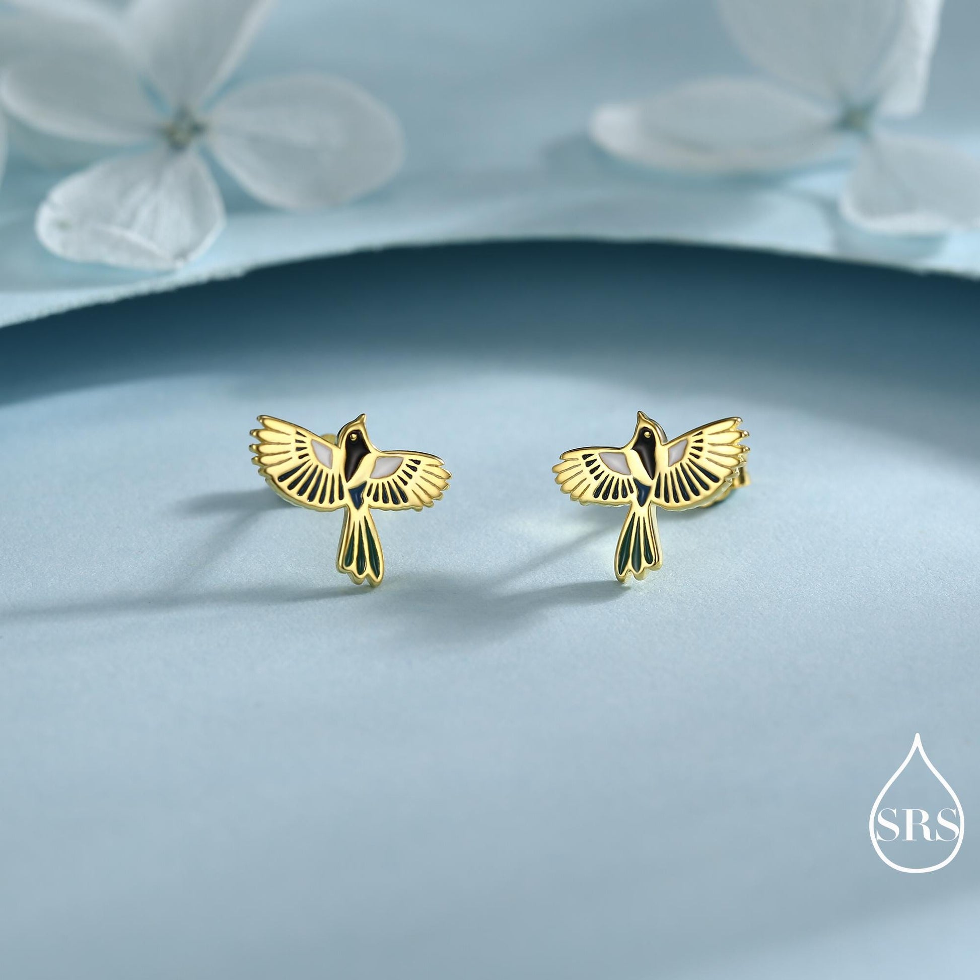 Enamel Magpie Bird Stud Earrings in Sterling Silver, Flying Magpie Bird Earrings, Nature Inspired Animal Earrings, Magpie Stud