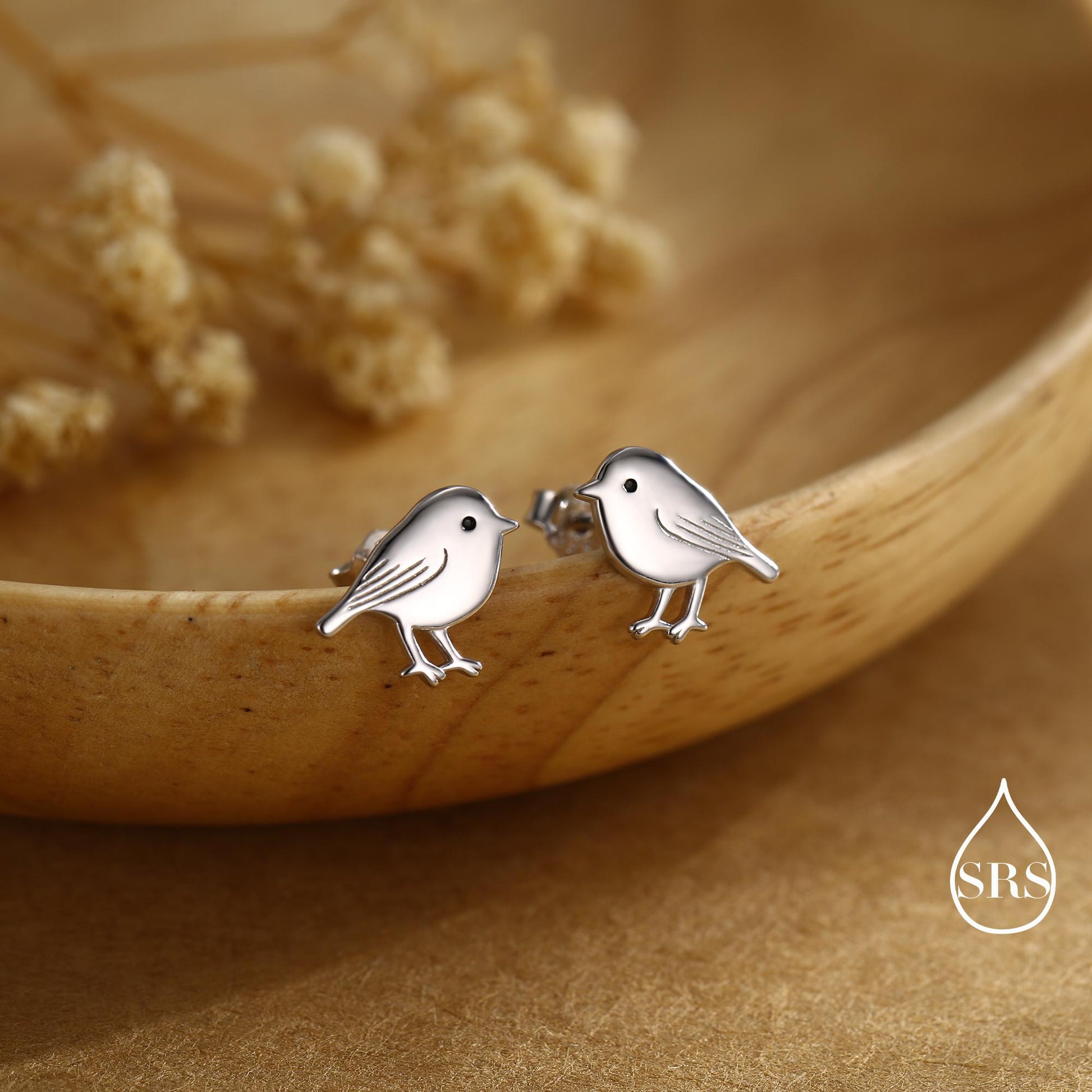 Chickadee Bird Stud Earrings in Sterling Silver, Silver or Gold or Rose Gold, Polished Cute Bird Earrings, Nature Inspired Animal Earrings