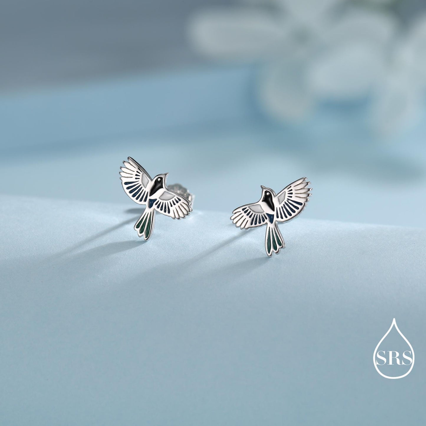 Enamel Magpie Bird Stud Earrings in Sterling Silver, Flying Magpie Bird Earrings, Nature Inspired Animal Earrings, Magpie Stud
