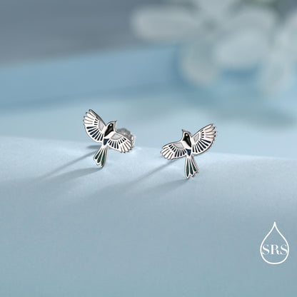 Enamel Magpie Bird Stud Earrings in Sterling Silver, Flying Magpie Bird Earrings, Nature Inspired Animal Earrings, Magpie Stud