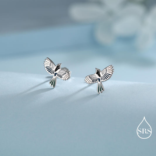 Enamel Magpie Bird Stud Earrings in Sterling Silver, Flying Magpie Bird Earrings, Nature Inspired Animal Earrings, Magpie Stud